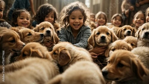 children with cute puppies photo