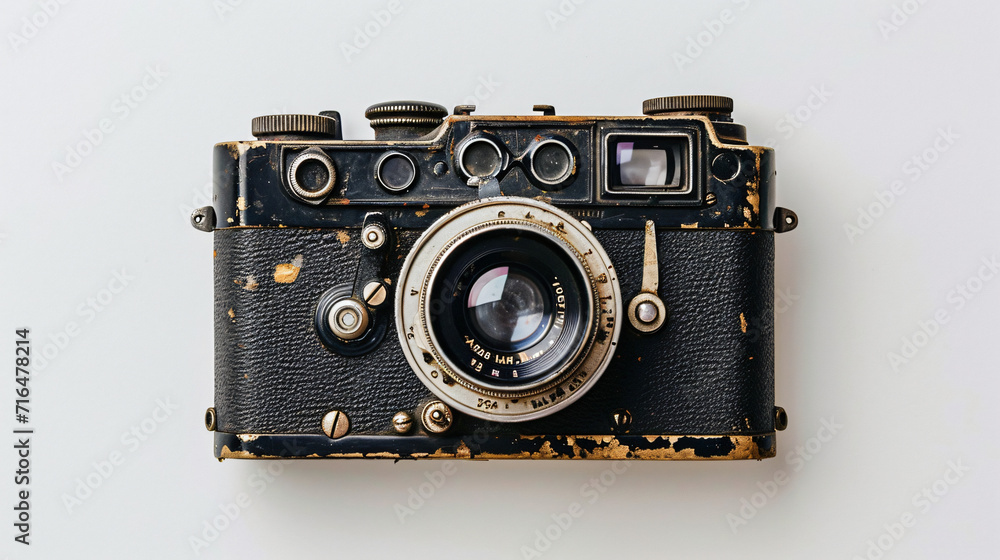 Old camera. Flat lay Top view isolated on white background