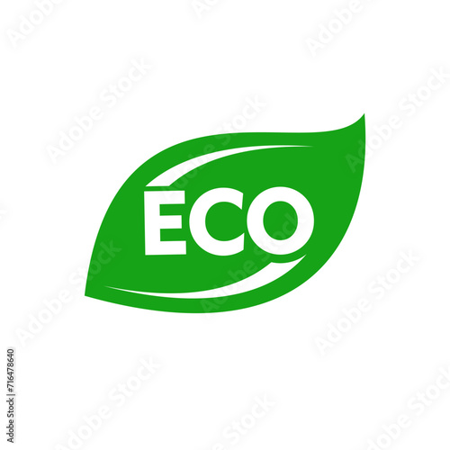 A green leaf with the inscription eco-icon for eco-friendly products. Vector illustration