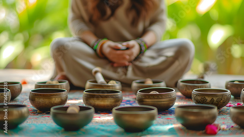 A calming scene of someone practicing sound therapy with Tibetan singing bowls in a serene environment. photo