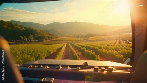 From the comfort of a private jet, witness the first light of dawn cascading over a picturesque vineyard landscape. The rich colors and peaceful ambiance create a truly serene experience. photo