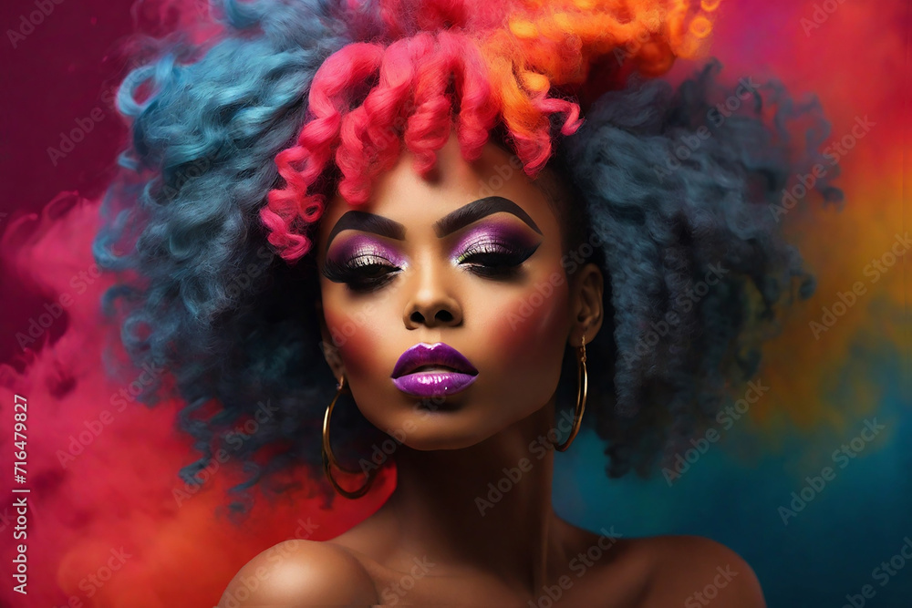 Glamorous portrait of beautiful african american woman with colorful hairstyle and makeup on a bright colored smoke background.