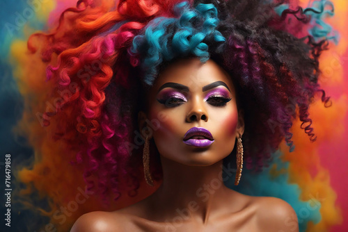 Beautiful african american woman with creative hairstyle and bright makeup