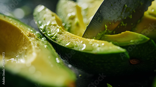 A close-up of an avocado being sliced demonstrating the technique and culinary skill. photo