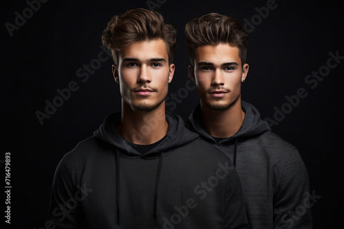 Portrait of two young men in sweatshirts on black background