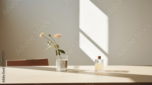 Neutral Minimalist lifestyle in Scandinavian style. Sunny day. Minimalistic interior, with a simple beautiful composition. Flowers in vase.