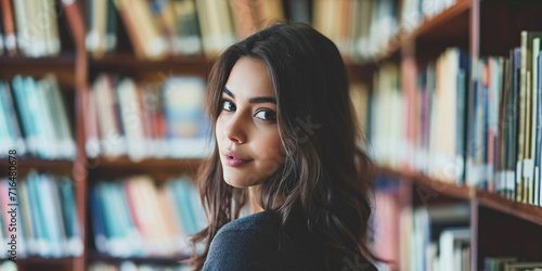 Beautiful female student in library ready for learning
