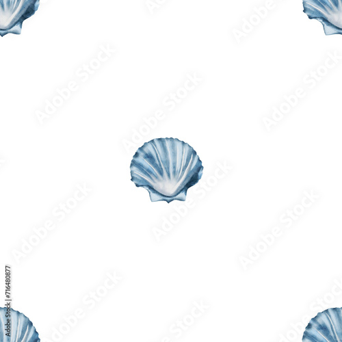Watercolor seamless pattern blue shell on a white background. Hand drawn drawing in a minimalist style. For printing on home textiles and packaging paper. The underwater world of marine life.