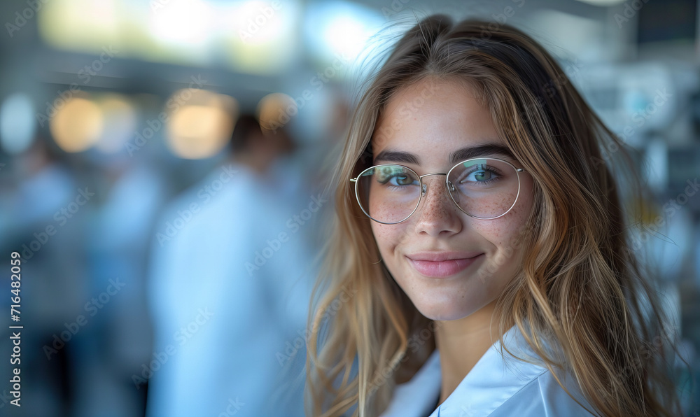 Portrait of a beautiful smiling young woman scientist wearing white coat and glasses in modern Medical Science Laboratory with Team of Specialists on background Portrait of a beautiful smiling young woman scientist wearing white coat and glasses in modern Medical Science Laboratory with Team of Specialists on background