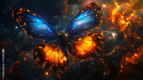 magnificent blue and gold butterfly glows amidst a sparkling, fiery cosmic background, resembling a scene from a fantasy universe © weerasak