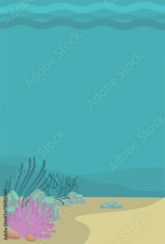 Underwater background. Sand,  shells, corals, waves.Flat vector banner with place for text.