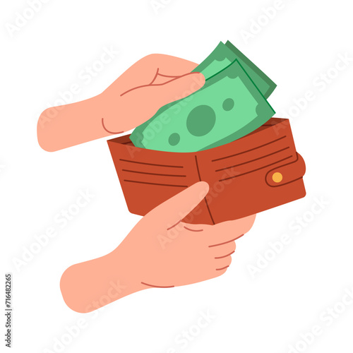 Hands taking banknotes out of a wallet. Holding a wallet with money in hands. Spend money, pay for purchases. Financial concept hand drawn illustration isolated on white background.