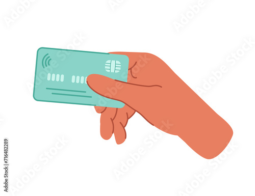 Hands holding a credit or debit card. Pay for purchases by card, bank transfer. Spend money, pay for purchases. Financial concept hand drawn illustration isolated on white background.