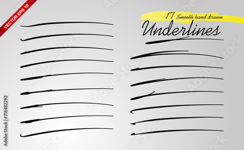 17 set of hand drawn underlines, created manually by hand and pen tablet. Decorative graphic element for vintage or realistic design.