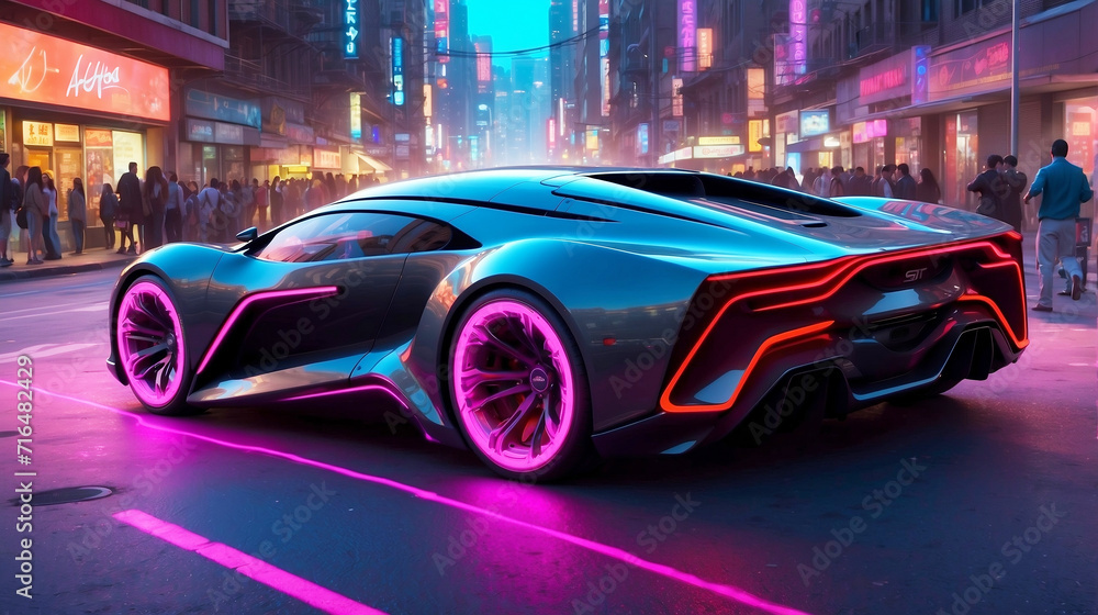 sport car in the neon light city at night Ai generated