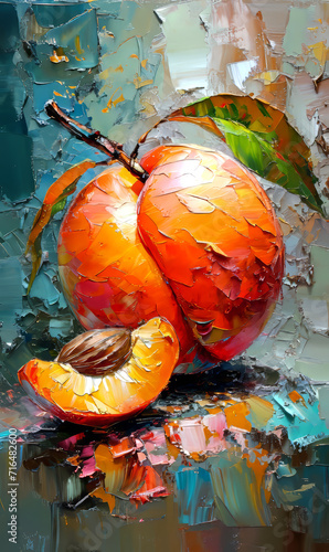 Painted peach on canvas, still-life, oil painting.