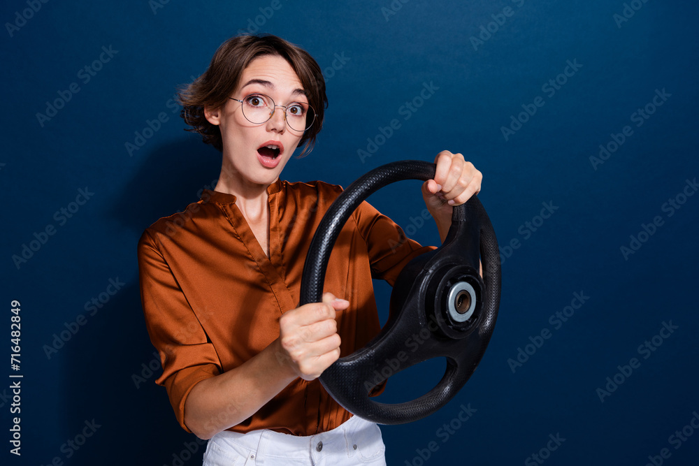 Fototapeta premium Photo of worried scared afraid lady dressed stylish clothes drive car repair service empty space isolated on dark blue color background