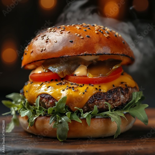 Delicious Hamburger With Cheese and Tomatoes on Wooden Table