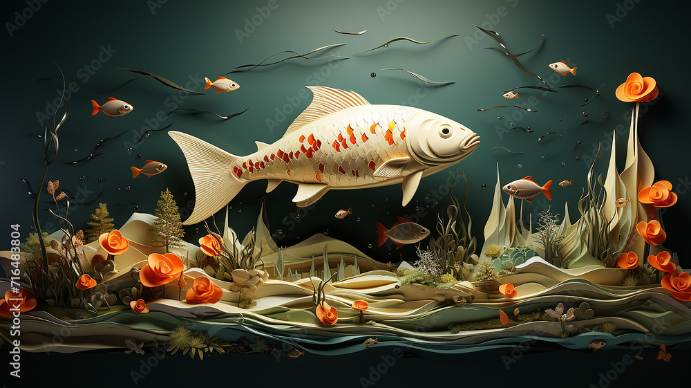 modern computer graphics three-dimensional art of fish on the seabed, abstract fictional object