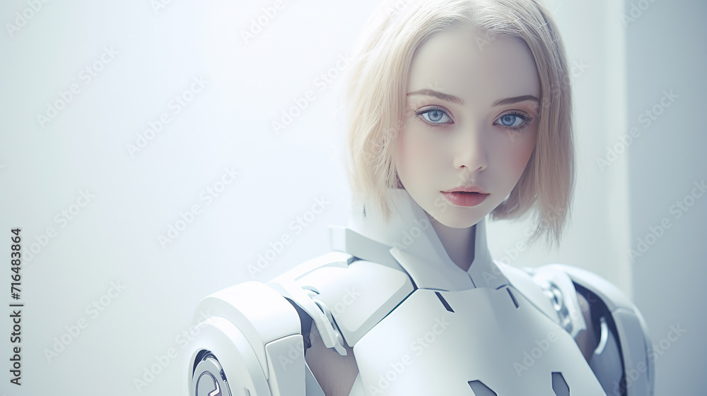 female cyborg robot on white background, female portrait head, girl, fictional abstract character female cyborg robot on white background, female portrait head, girl, fictional abstract character