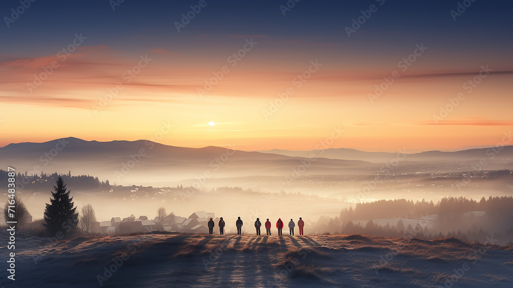 panoramic winter view, a group of people against a cold landscape, copy space against the sky