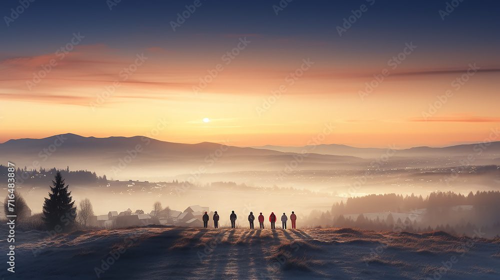 panoramic winter view, a group of people against a cold landscape, copy space against the sky panoramic winter view, a group of people against a cold landscape, copy space against the sky