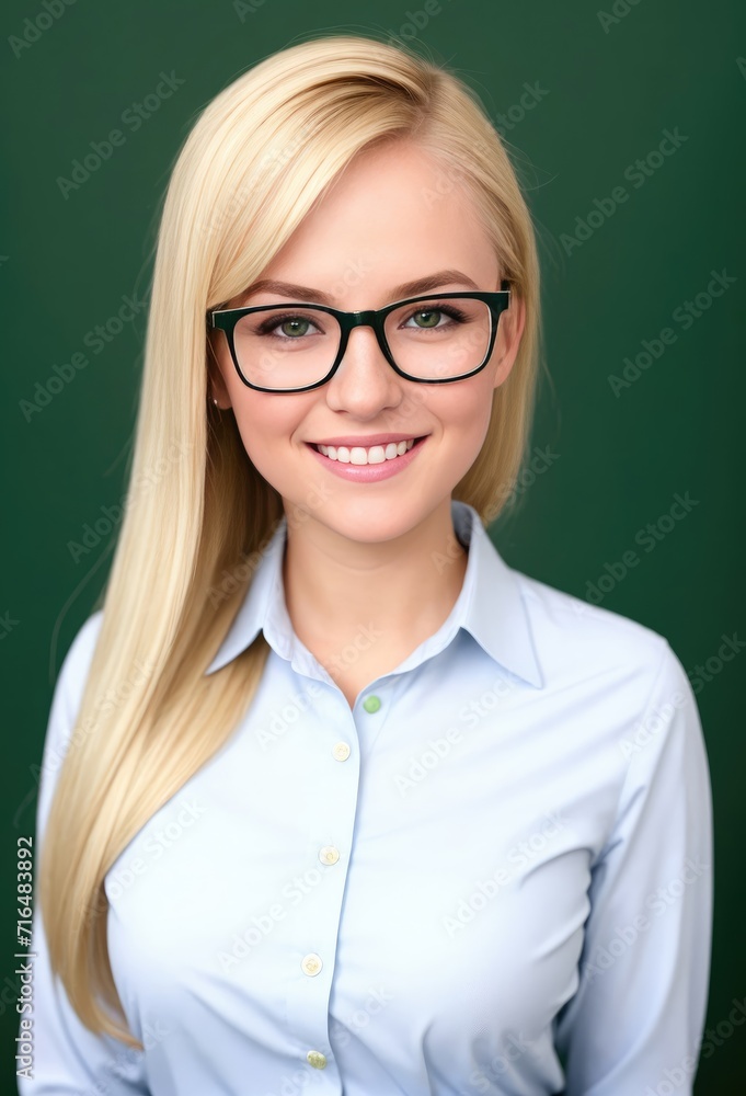 Fototapeta premium Portrait photo of an attractive blonde woman in office clothes. On a green background. Generative AI.