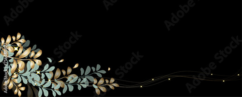 Vector art deco luxury flower, leaves line pattern, golden background. Golden botany banner. Japanese style Hand drawn vector. Line art style design. Hand drawn florals for packaging,coveand wall arts