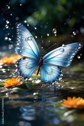 Blue Butterfly Soaring Over Serene Waters. Generative AI. © theartofphoto