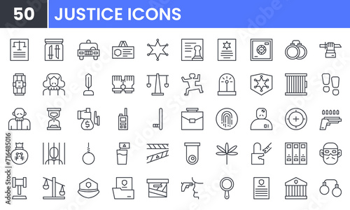 Justice vector line icon set. Contains linear outline icons like Law, Crime, Legal, Lawyer, Criminal, Judge, Jail, Prison, Police, Corruption, Illegal, Siren, Drug. Editable use and stroke.