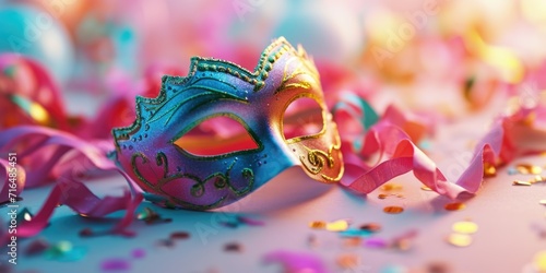 Image of elegant and delicate Venetian mask over confetti background