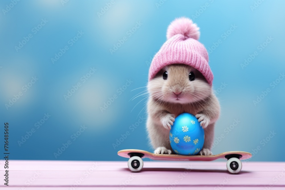 Fototapeta premium Cute Easter bunny with skateboard and painted egg on blue background