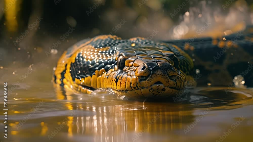Closeup of an anaconda emerging from the wetlands its sleek body covered in droplets of water as it glides effortlessly through the shallow swamp Closeup of an anaconda emerging from the wetlands its sleek body covered in droplets of water as it glides effortlessly through the shallow swamp
