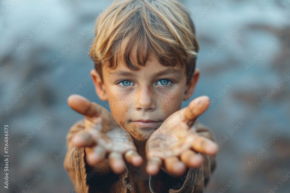 Portrait of a boy with outstretched dirty hands against a river. Concept of the Peace.