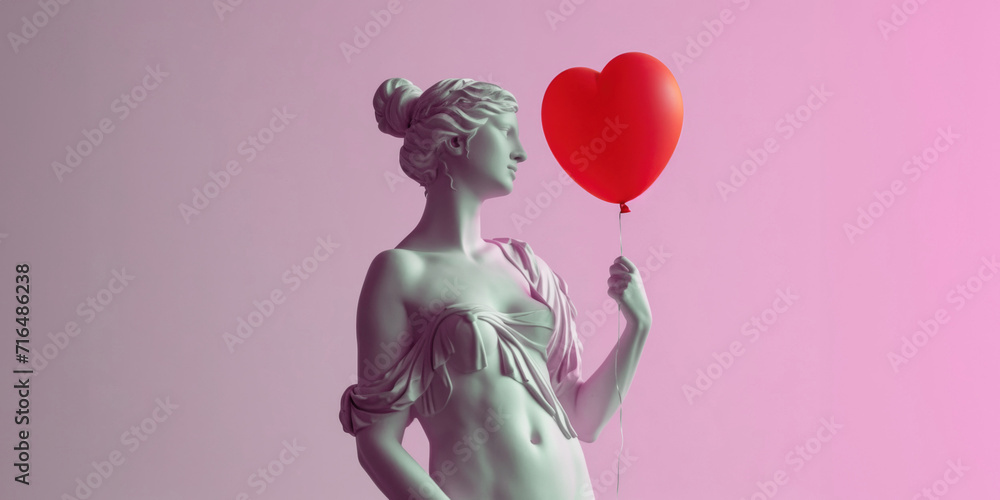 Sculpture of the goddess of love with a red heart balloon. Valentine's Day concept.