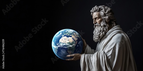 Sculpture of an astronomer with the planet earth in his hands on a black background. Earth Day concept.