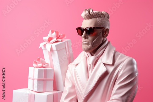 Sculpture of Valentine in fancy sunglasses sitting near gifts on a pink background. photo