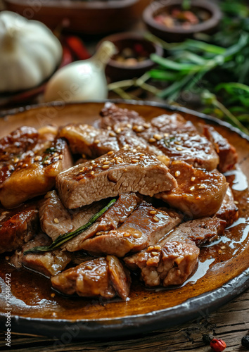 Juicy fried pieces of meat on a plate with gravy and herbs