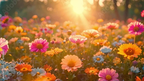 Colorful spring flowers in the sun. Various colored. Summer alpine meadow with colorful wildflowers. Camera moves among grass and colorful flowers, backlight, sunset. Summer alpine green flora backgro photo