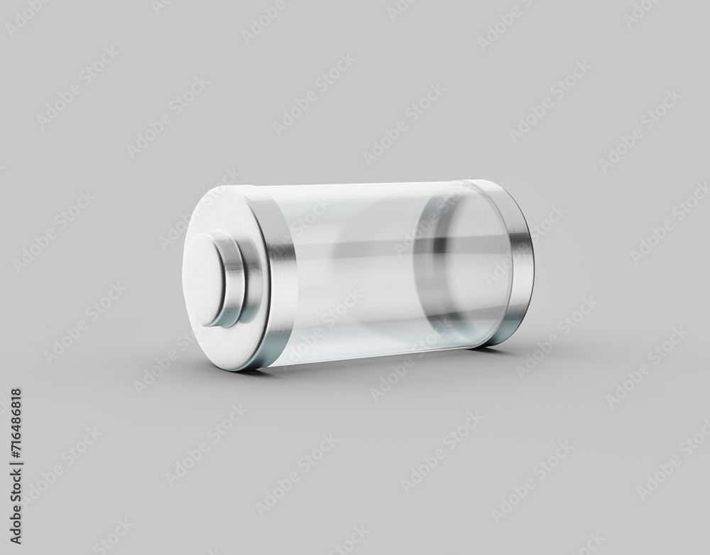 Glossy transparent battery charging glass empty battery with metal caps on white background 3d illustration Glossy transparent battery charging glass empty battery with metal caps on white background 3d illustration