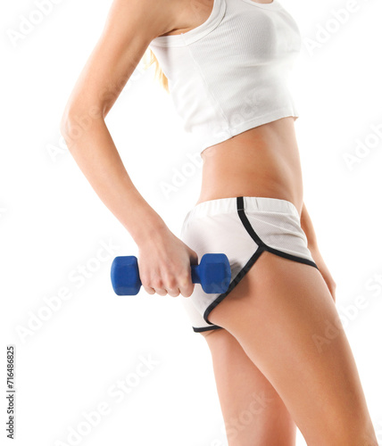 Sporty woman with blue barbells