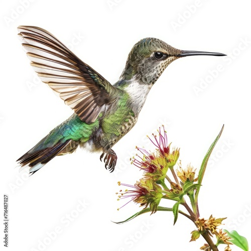 Hummingbird Flying Over Flower on White Background, Natures Beauty Captured