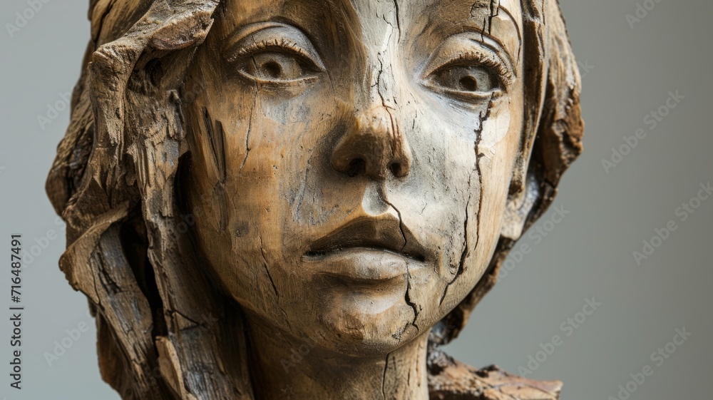 Portrait of a young girl carved from wood. Wooden sculpture of a person with many age cracks in the wood