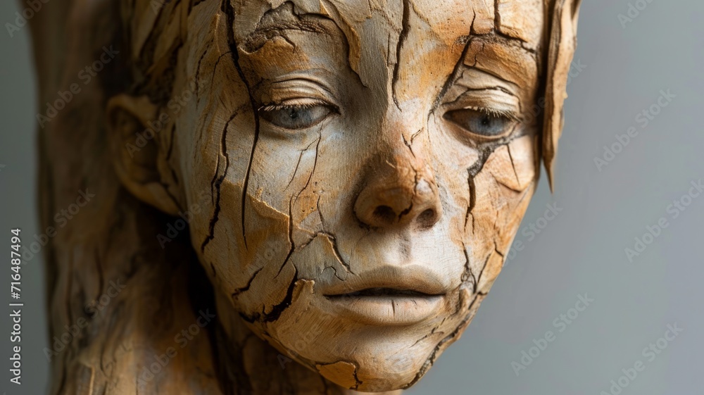 Fototapeta premium Portrait of a young girl carved from wood. Wooden sculpture of a person with many age cracks in the wood