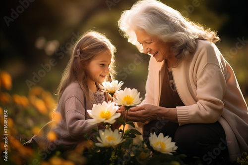 Mother's Day greeting card. International Women's Day, grandmother and granddaughter