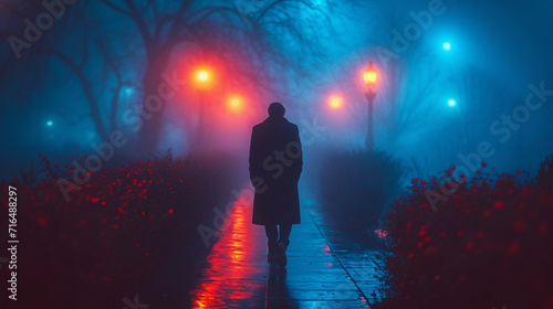 Lonely man on street with evening lamps