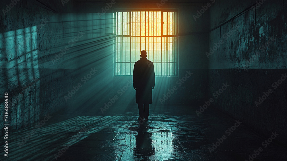 Fototapeta premium The sad prisoner in the prison cell
