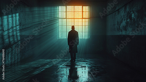 Foto The sad prisoner in the prison cell