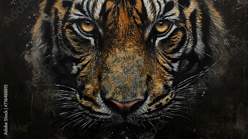 A portrait capturing a tiger in the shadows  its intense eyes locked onto the viewer in a Roman-style canvas painting