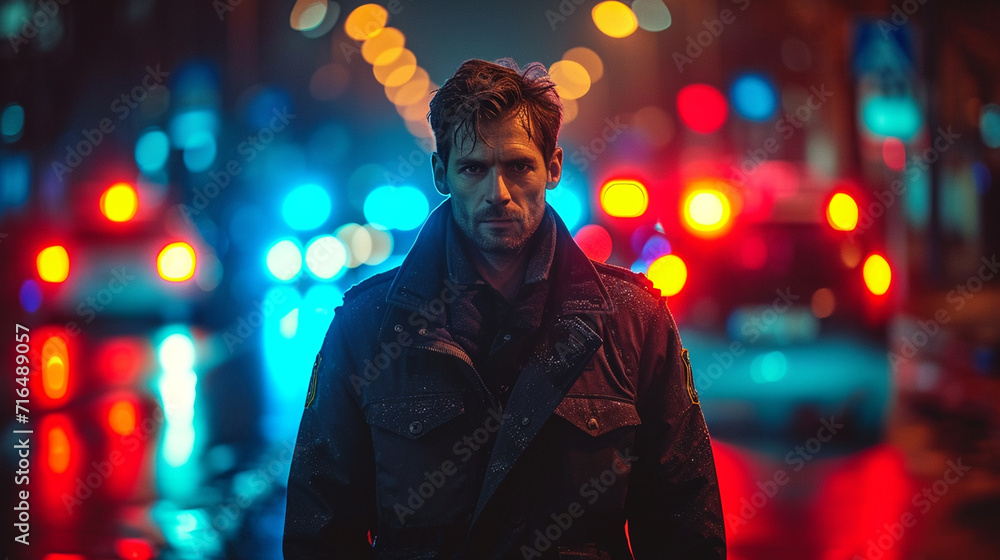 portrait of a young man in a coat, city lights in the background